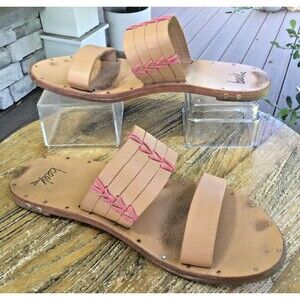 BEEK Kiwi Sandals Slides Size 8 Handmade Leather Embroidered Pink Beige